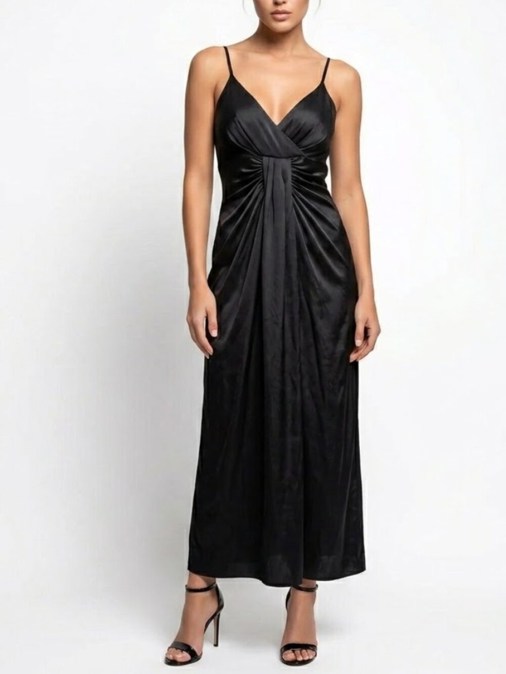 Zara Women's Black Draped Sleeveless Adjustable Strap Midi Dress Sz Medium